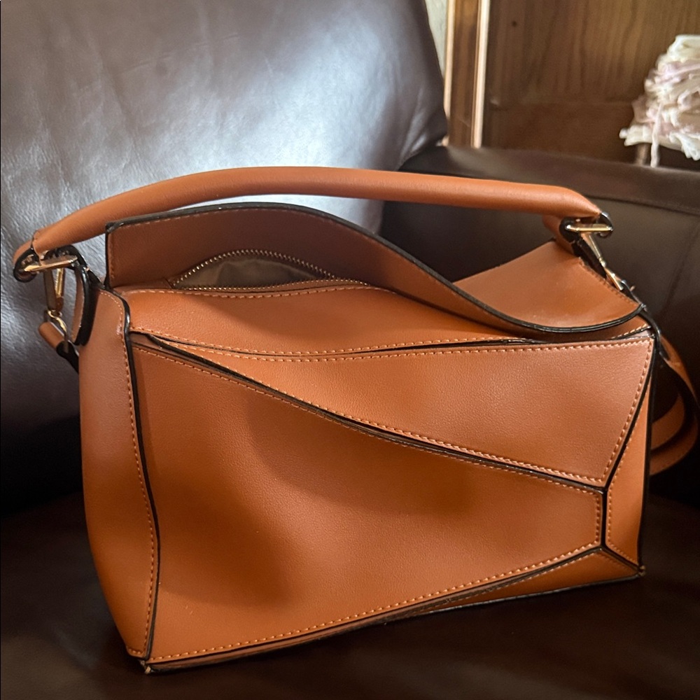 Tan Geometric Leather Top-Handle Bag